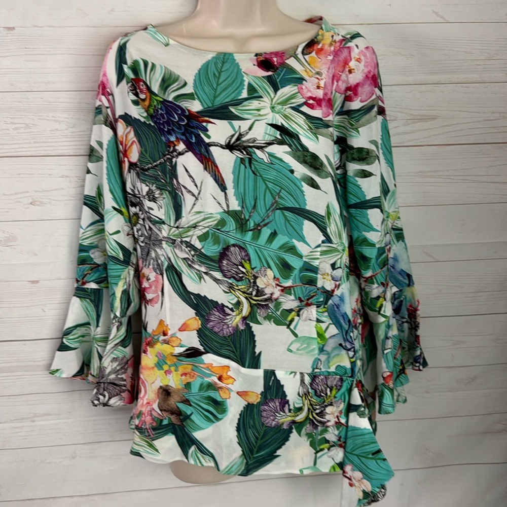 Mishca Size L 3/4 Bell Sleeve Colorful Floral Blouse with a Parrot & Butterfly